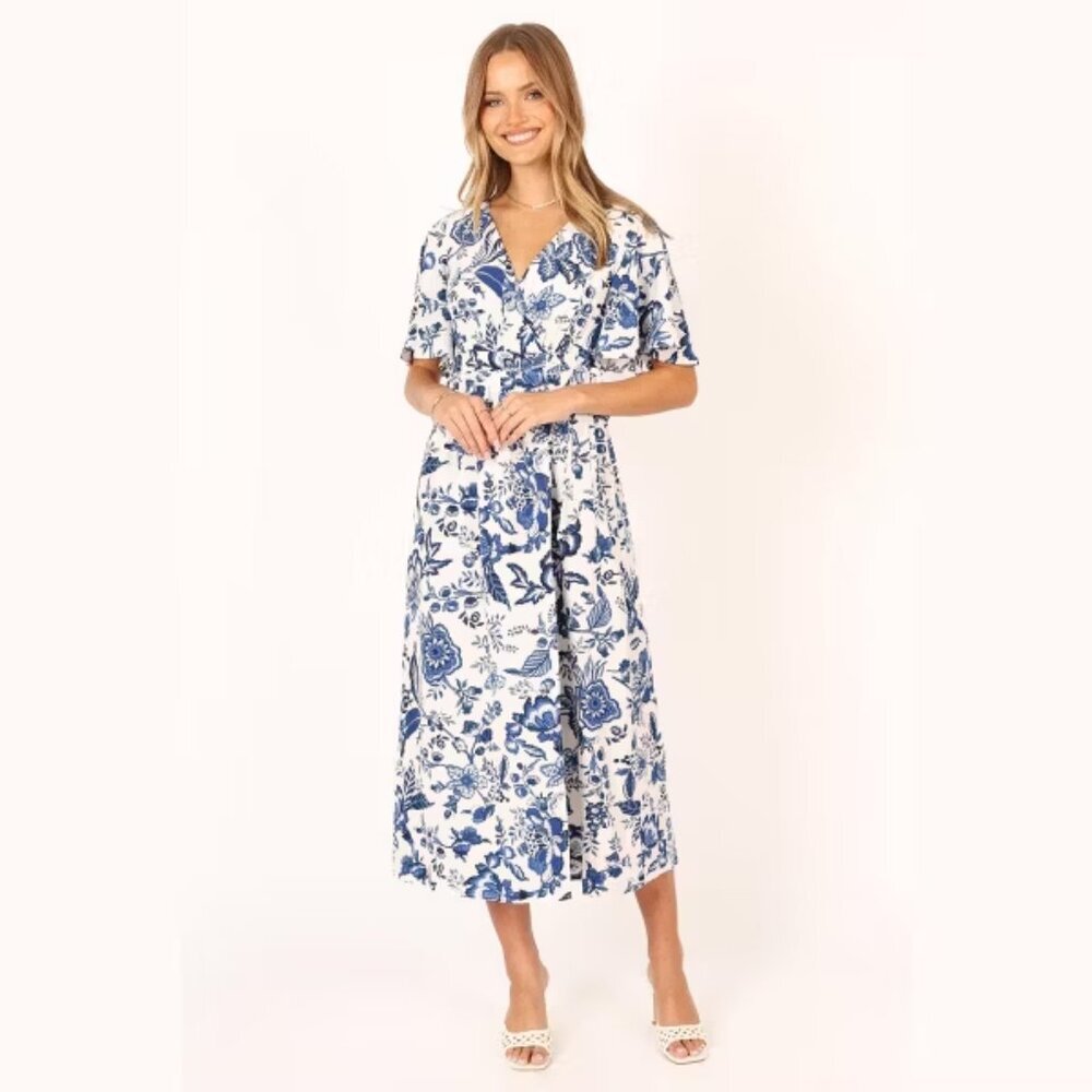 Petal & Pup Kaleen Blue & White Floral Midi Wrap Dress S - Picture 6 of 7
